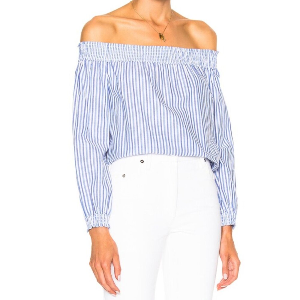 Rag & Bone Stripe Blue and White Drew Top Pinstripe off the Shoulder Smocking XS